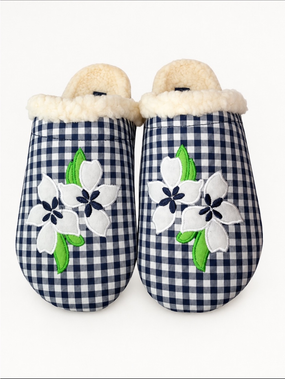 LANDSEND Draper James Womens Scuff Slippers Warm Sherpa Lined Gingham & Clover
